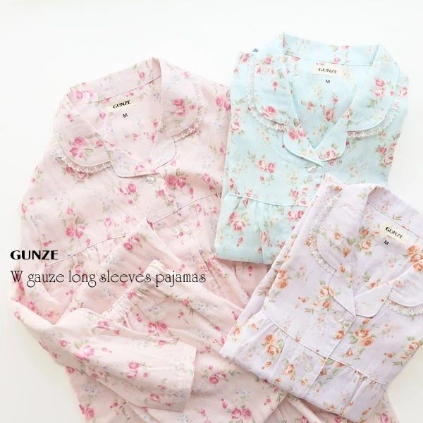 【送料無料】 GUNZE 綿100％のＷガーゼを使用した上品な花柄のパジャマ日本製ガーゼ生地を使用した睡眠時に快適 長袖長パンツ婦人 レディース 01-TP2878