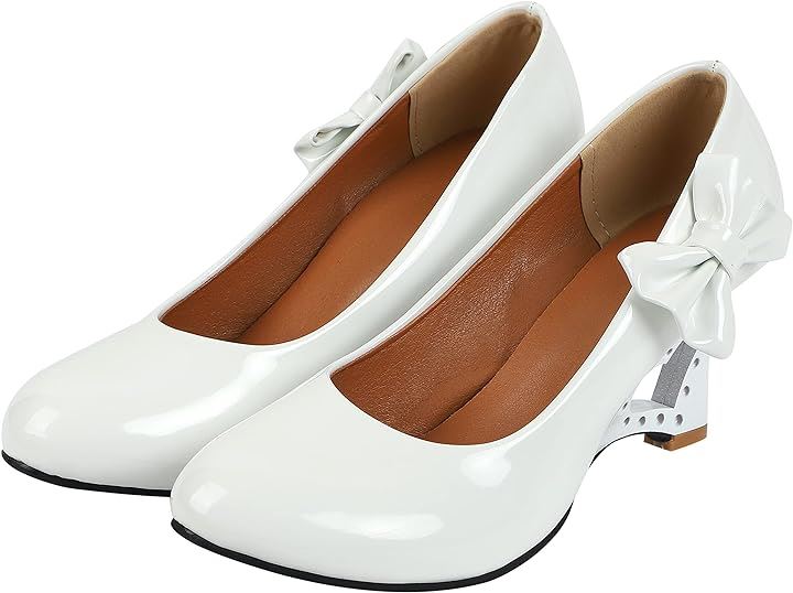 PUレザー リボン付き ハート型抜き ウェッジヒール パンプス レディース(ホワイト, 25.5 cm)