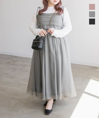 大きいサイズ レディース LL 3L 4L XL XXL XXXL CLETTEオリジナルリボン付きタックシアーキャミワンピース