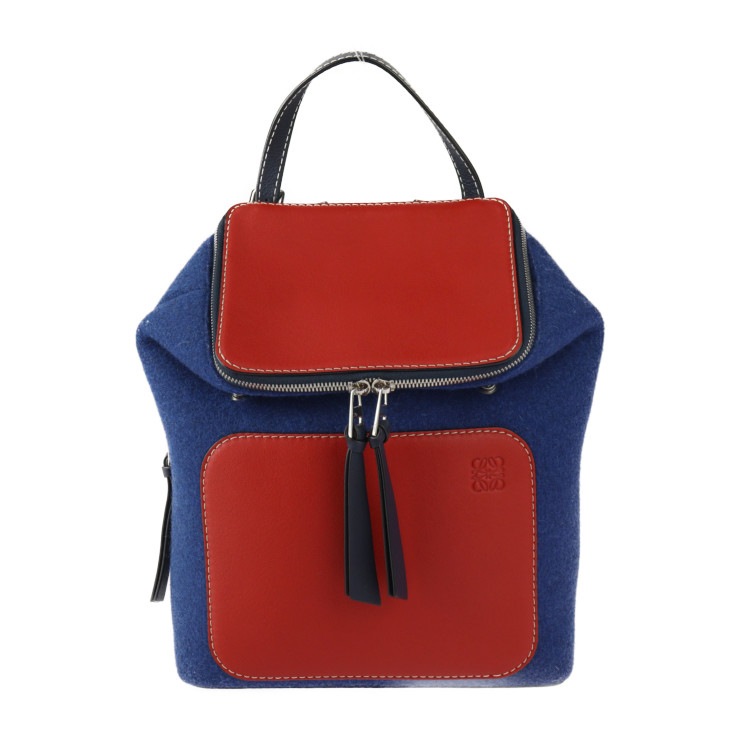 超美品 LOEWE ロエベ リュック・デイパック - スモール バックパック ゴヤ カーフ フェルト ネイビー×レッド×ブルー シルバー金具 アナグラム 本物保証 中古