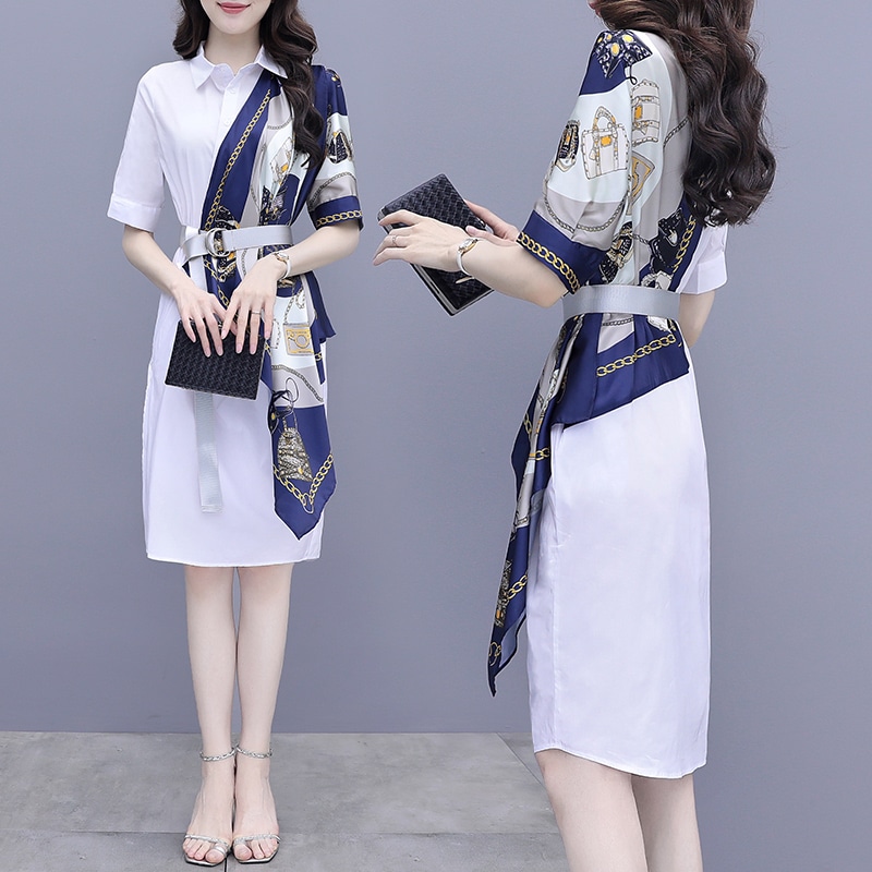 スカーフシャツワンピース シャツワンピース 不規則 ハイウエスト Aラインスカート 韓国 ワンピース ドレス ２カラー a2677