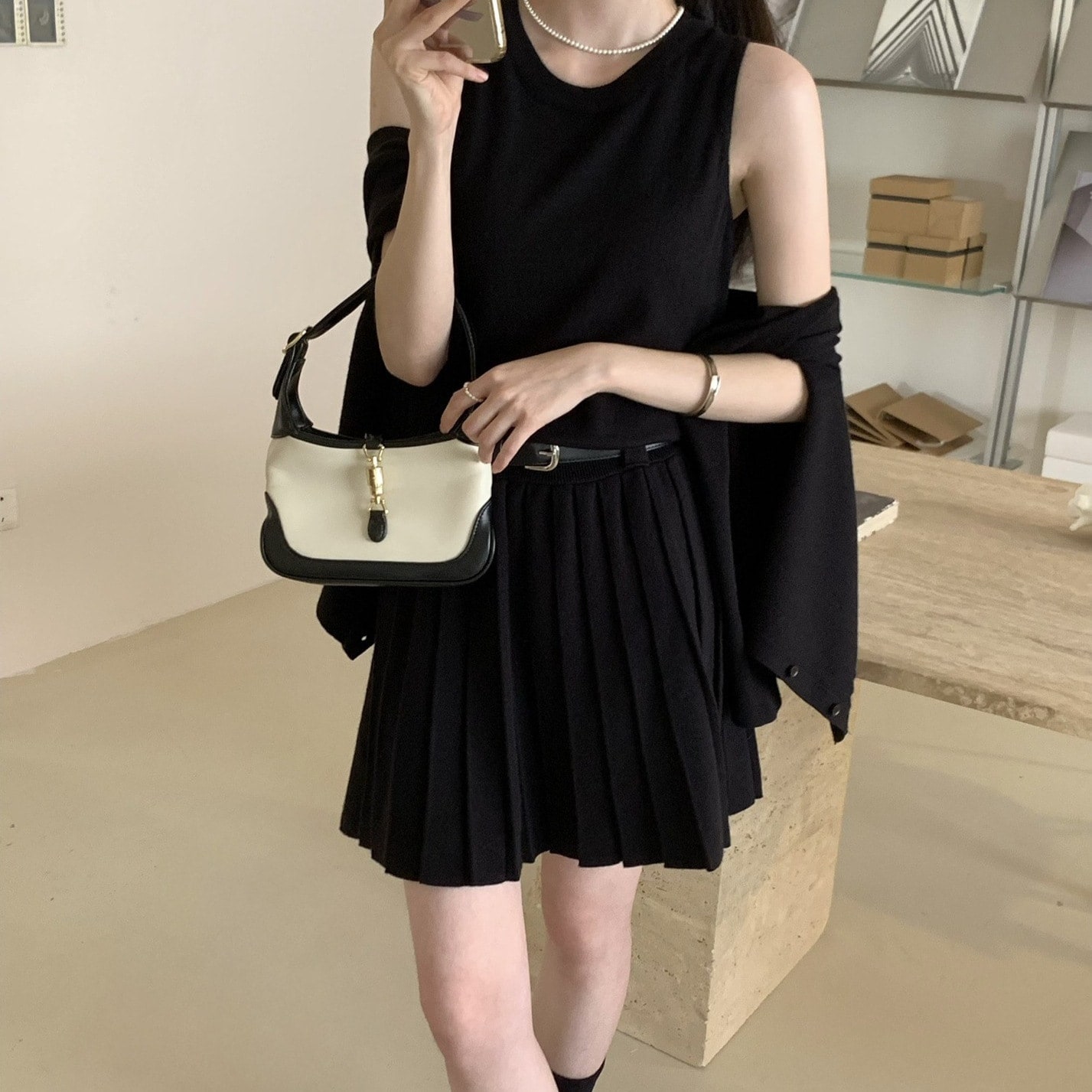 【カーディガン＋インナワンピース】2点セット ニット カーディガン インナー ワンピース レディース 春 秋 ノースリーブ ワンピース プリーツ ワンピース 膝丈 さっと羽織れる ゆったり