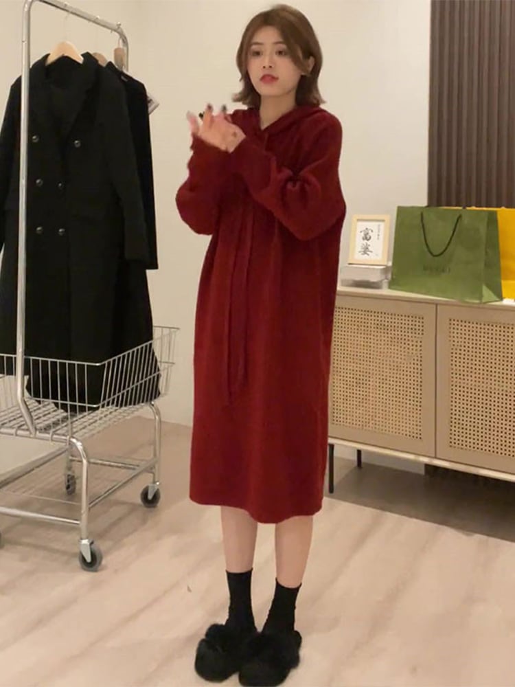 赤いセーターワンピースサブ早春レディース2023新しいシーズンミッドレングスニットスウェットフード付きドレス 5,091円