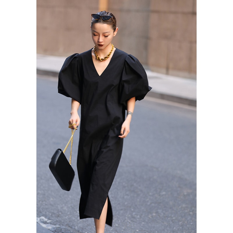 Vネックパフスリーブワンピース ブラックワンピース ドレス ワンピース パフスリーブ ゆったり レディース フォーマル 大人 上品 D60 5,502円