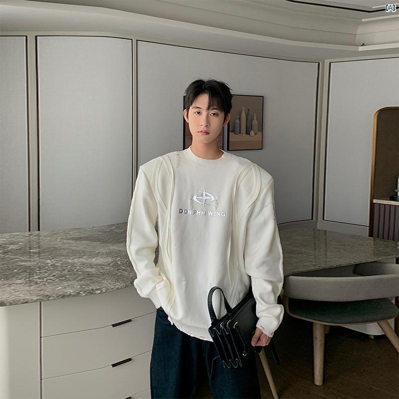 冬 厚く 暖かい セーター メンズ ラウンドネック アウター トップ 韓国 ショルダーパッド