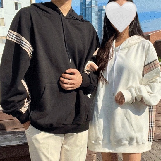 [カップル可能/男女共用ビッグサイズ] バーブラウンチェック配色男女共用パーカー