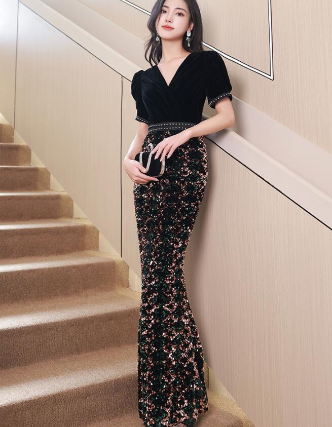 大安売り高級 フィッシュテールワンピース レディースドレス ウェディングドレス パーティードレス おしゃれ スパンコール 着痩せ ブラック お呼ばれ 宴会 音楽会 司会 発表会 二次会 忘年会 半袖