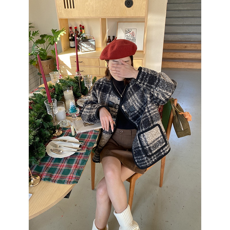 フランス中世風チェック柄グースダウン裏地ウールジャケット 1460