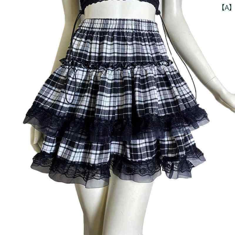 ラッフルミニ 地雷系 スカート ホット ガール ゴスロリ ダブルレース ステッチ プリーツ 黒 白 チェック ハイウエスト スリム Aライン フリル ショート丈