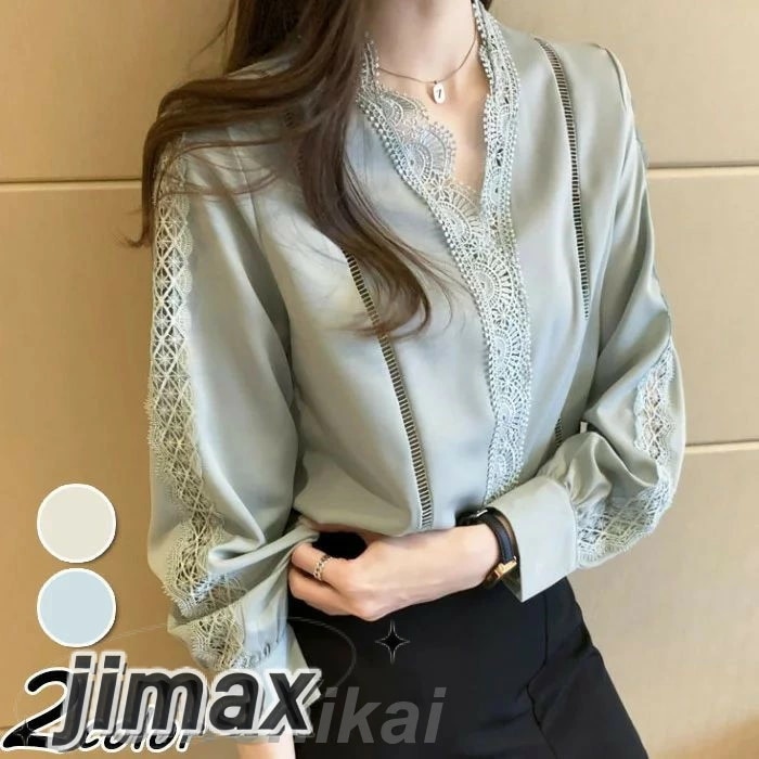 ブラウス レディース きれいめ 40代 春秋新作 オシャレブラウス 無地シャツ 長袖トップス レースvネックブラウス 大人 通勤 ゆったり シャツ30代 50代