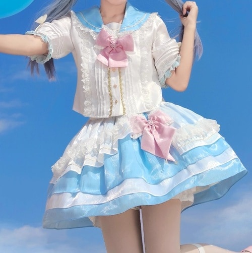 【3日で出荷】全3カラー　セーラー襟フリルセットアップ（帽子なし） ロリータ セーラー服 スーツ 夏