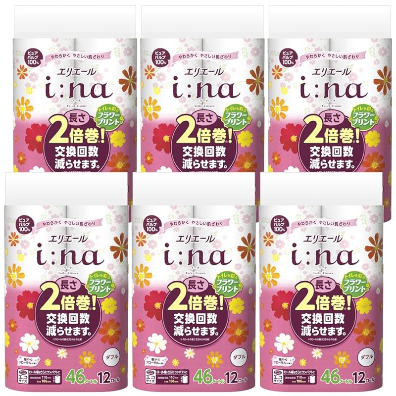 【即納】エリエール トイレットペーパー i:na(イーナ) フラワープリント 2倍巻き 46m72ロール(12ロール6パック) ダブル パルプ100% 華やぐフローラルの香り【ケース販売】