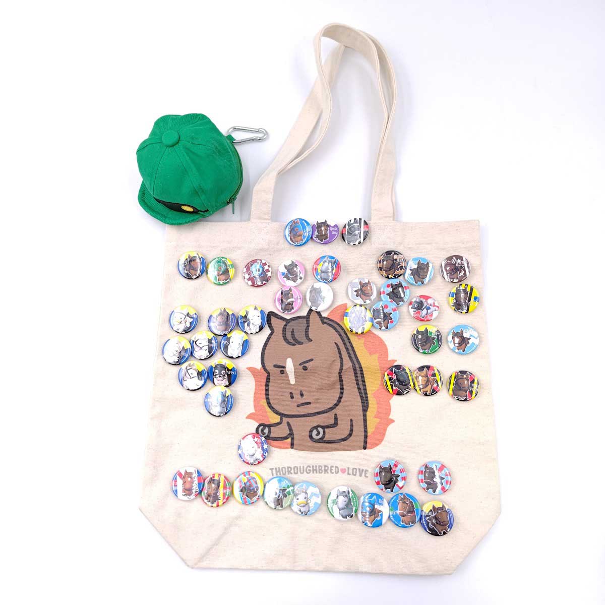 【中古】ぱかぱかばっじ 45個付 トートバッグ 競馬 / 枠色ジョッキーキャップポーチ 緑