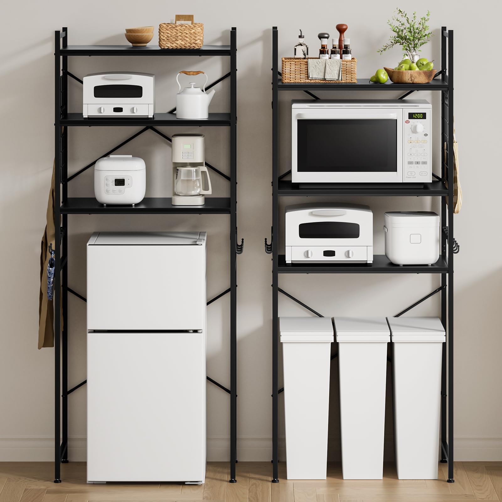 TTWO 冷蔵庫ラック ゴミ箱上ラック 幅60×奥行40×高さ180cm キッチンベイカーラック 小型冷蔵庫対応 3枚可動棚 高さ11段調節 レンジラック 電子レンジ収納 キッチンラック 冷蔵庫上収納