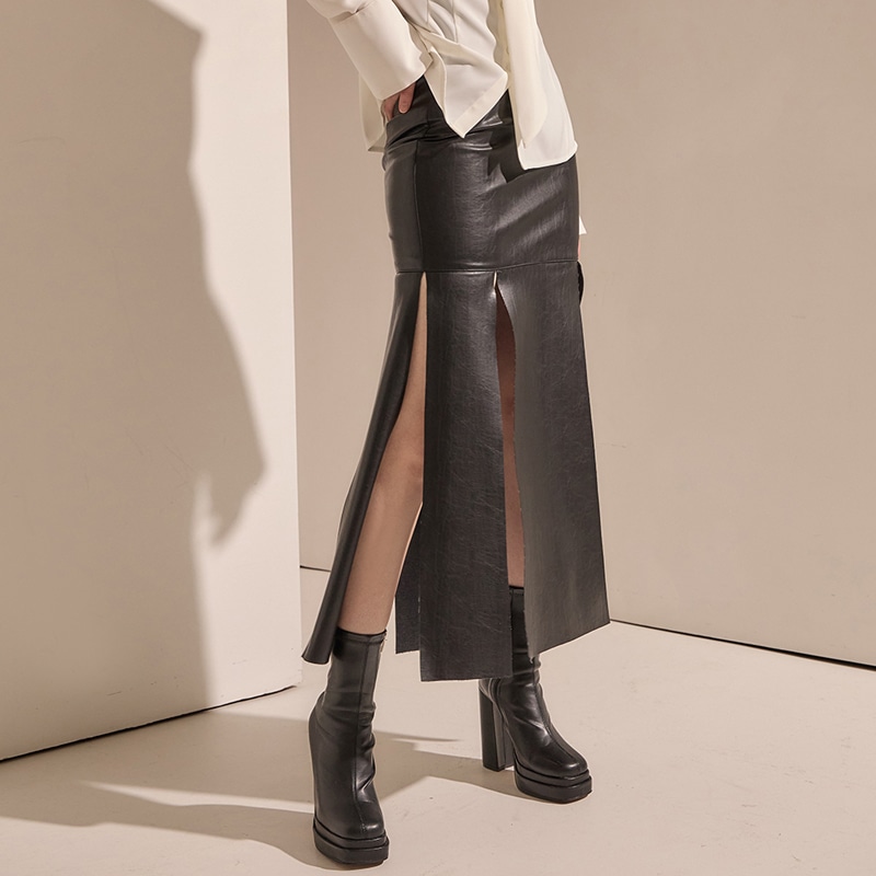 SK9185 レザー ハイウエスト スリット ロング スカート