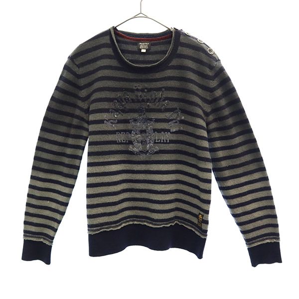ウール ボーダー柄 長袖 セーター L グレー×ネイビー ニット メンズ