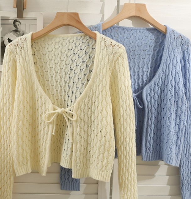 カーディガントップス セーター ショート丈カーディガン 袖あり 長袖 ラウンドネック 襟なし ストレート 前開き 2way レトロ ラブリー 個性的 アプリコット ブルー こなれ感 エレガント