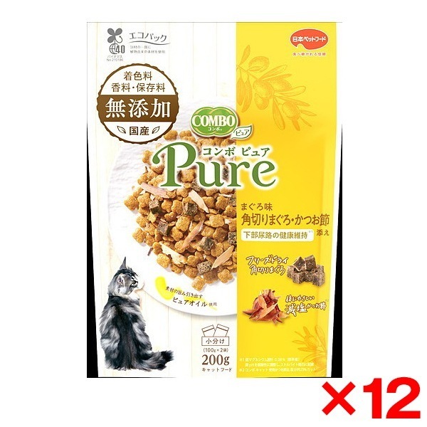 【12個セット】日本ペットフード コンボ ピュア キャット まぐろ味角切りまぐろかつお節添え 200g