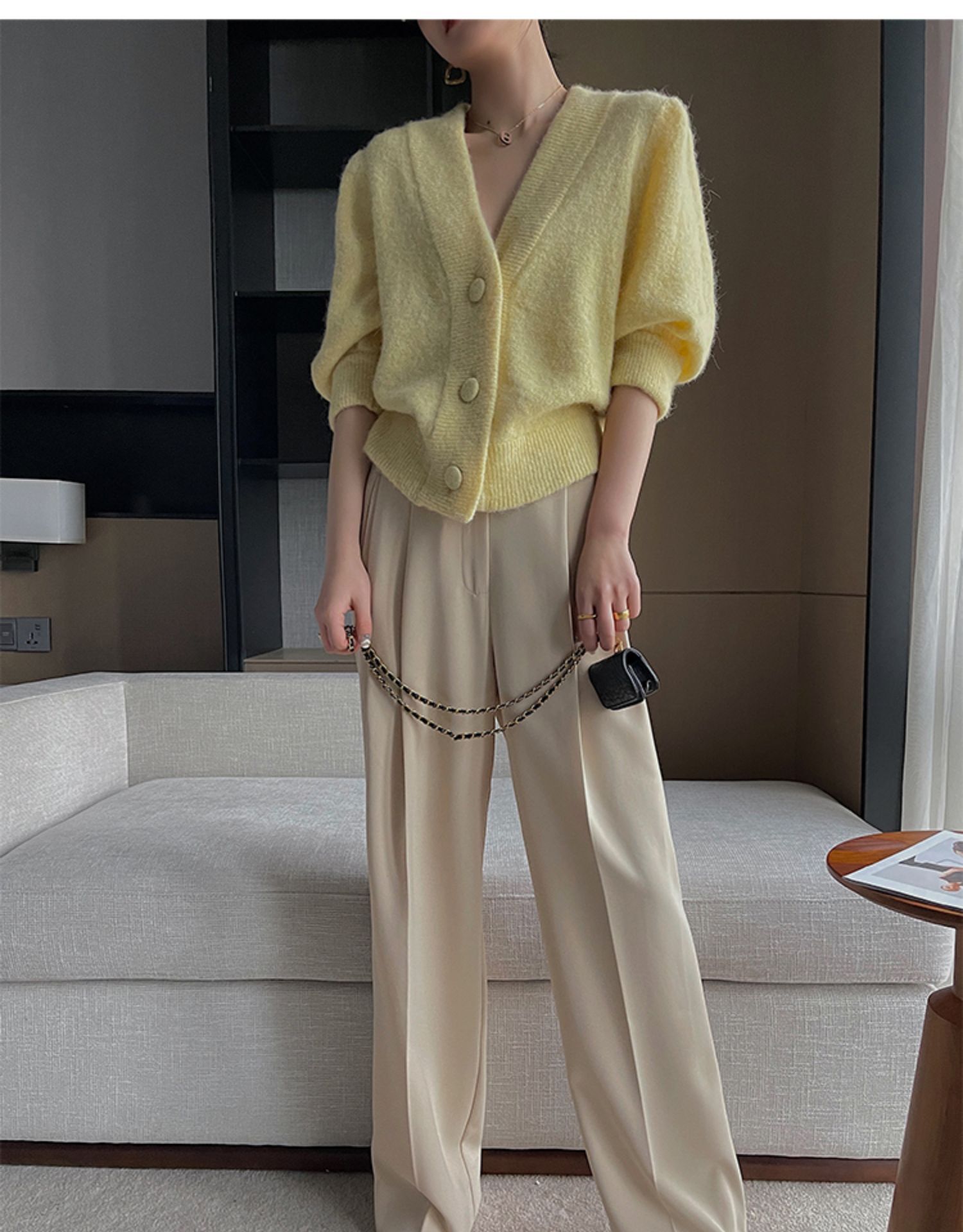 ウール セーター トップス 婦人服 秋 冬 V ネック ウエスタン スタイル カーディガン ジャケット トレンディ イエロー ＳＭＬ トップス 袖あり かわいい 大人可愛い きれいめ シンプル
