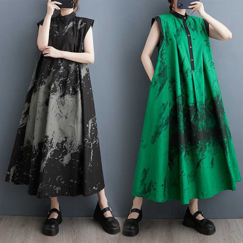 「ファットガール」 2024夏新品 ノースリーブ ロングワンピース 水墨柄 Aライン 大きいサイズ 体型カバー レディース ワンピース メガ割30%までに制限