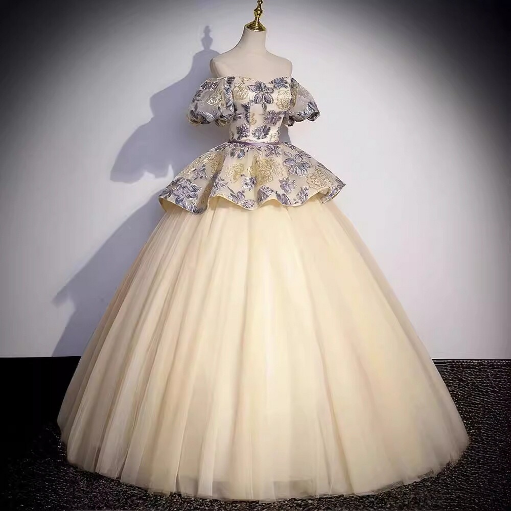 【毎日厳選 】 カラードレス 編み上げ シャンパン 花柄 ステージドレス ロングドレス 結婚式 二次会 発表会 演奏会 ウェディングドレス ウエディングドレス プリンセスドレス イブニングドレス コン