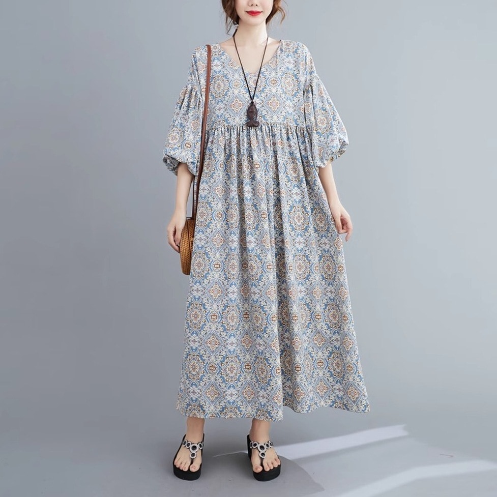 ワンピース ボヘミアンドレス ロングワンピース オーバーワンピース ボヘミアンオーバーワンピース ボヘミアンマキシワンピース ラウンドネック 5分袖 ハイウエスト ボリュームスリーブ