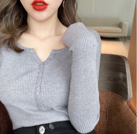 シンプル無地長袖ニットソー トップス ニット 薄手 ボタン 長袖 伸縮性 爽やか かわいい 可愛い きれいめ シンプル カジュアル 上品 おしゃれ かっこいい レトロ アジアン 可愛い