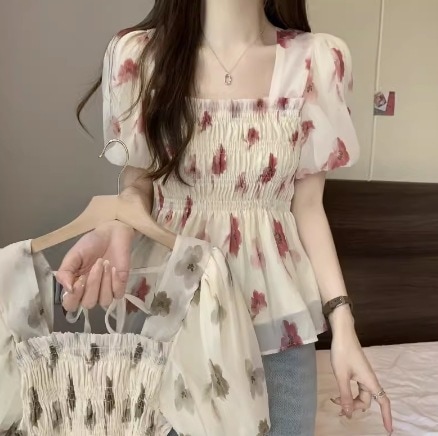 レディース トップス ブラウス 半袖 パフスリーブ スクエアネック フェミニン チュール シフォン ウエストゴム 透け感 ギャザー かわいい 大人可愛い きれいめ シンプル カジュアル 上品 おしゃれ