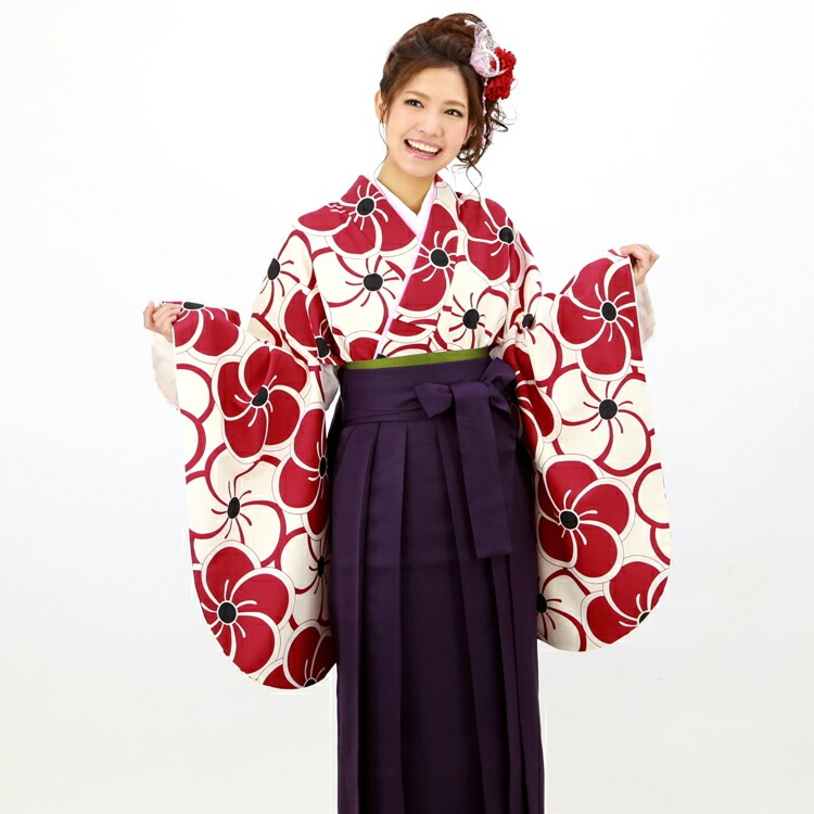 レンタル卒業式 袴 レンタル 女 袴セット 女 卒業式袴セット2尺袖着物＆袴 フルセットレンタル 安い 生成り地に赤のねじり梅 レトロハカマ はかま rental