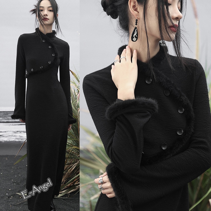 切り替えワンピース ロング マキシ丈 黒 無地 スリット スタンドカラー ワンピース ストレッチ 卒業式 入学式 通勤 ラパ袖 6,451円