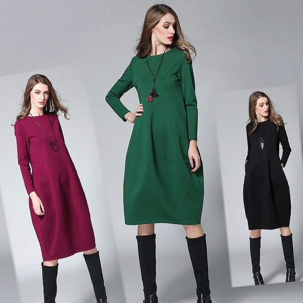 【人気商品超目玉】長袖お出かけ　ひざ下　バルーンスカートライン　エレガンス　大人ワンピース　グリーン　ブラック　ワイン　大きいサイズ有り　S～XXL