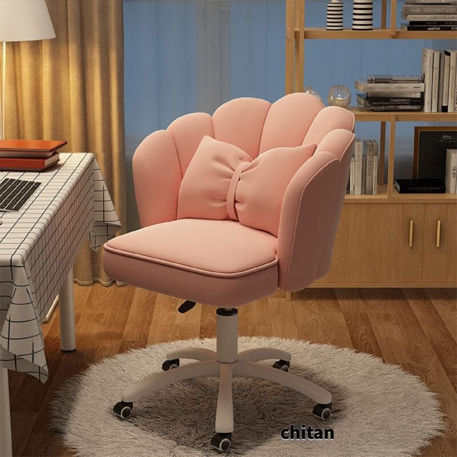 チェア 可愛い リボンクッション付き 通気性 デスクチェア オフィスチェア 360度回転 座面昇降 コンパクト 在宅勤務 パソコンチェア リビングチェア ピンク