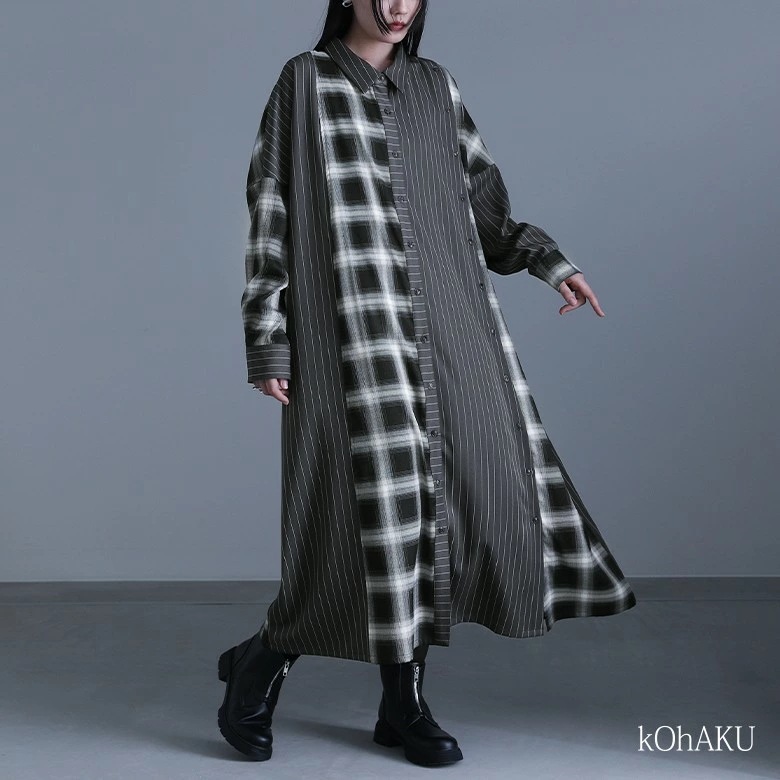 【激安販売】ワンピース ロングワンピース シャツワンピース シャツワンピ レディース 春 秋 冬 長袖 チェック柄 ストライプ柄 無地 アシンメトリー 異素材 レイヤード ゆったり 大きいサイズ 体型