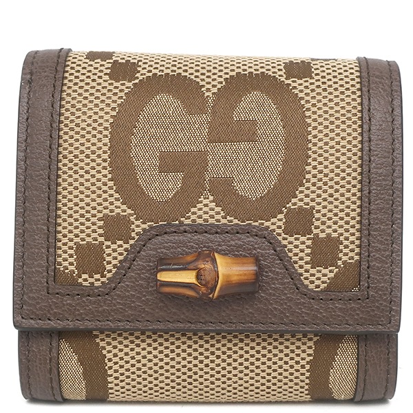 グッチ 二つ折り財布 ジャンボGG ダイアナ コンパクトウォレット レザー GGキャンバス ベージュ×ブラウン バンブー 658635 【箱】【中古】