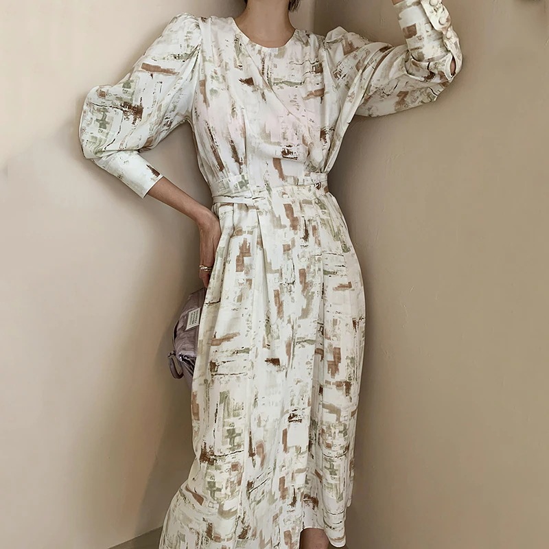 ワンピース ミモレ ミモレ丈 袖あり 長袖 パフスリーブ ラウンドネック 襟なし Aライン リボン ウエストマーク ウエストリボン バックリボン ハイウエスト 薄手 かわいい 大人可愛い きれいめ