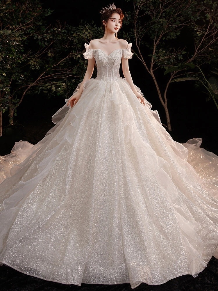 【2枚購入で 3oo円OFF！】気質ウェディングドレス フォレストスタイル 2025 花嫁 大きなトレーリング スーパー 星空 ワンショルダー 夢見る妊婦