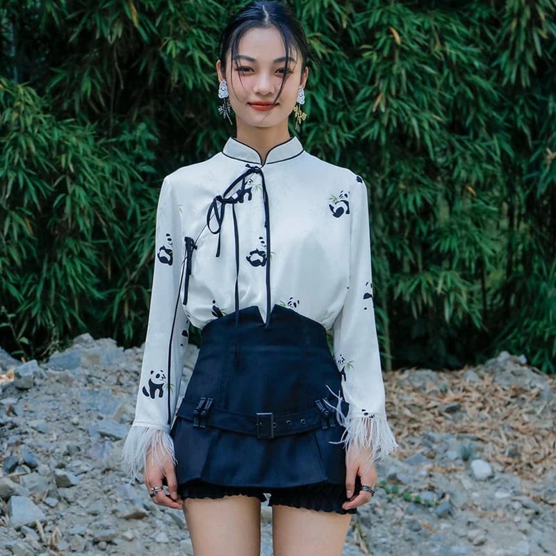 チャイナ風シャツ ブラウス 夏今週の割引は 25% オフです シフォンブラウス 長袖 パンダ柄シャツ ショート丈ブラウス 白 中華風トップス レディース