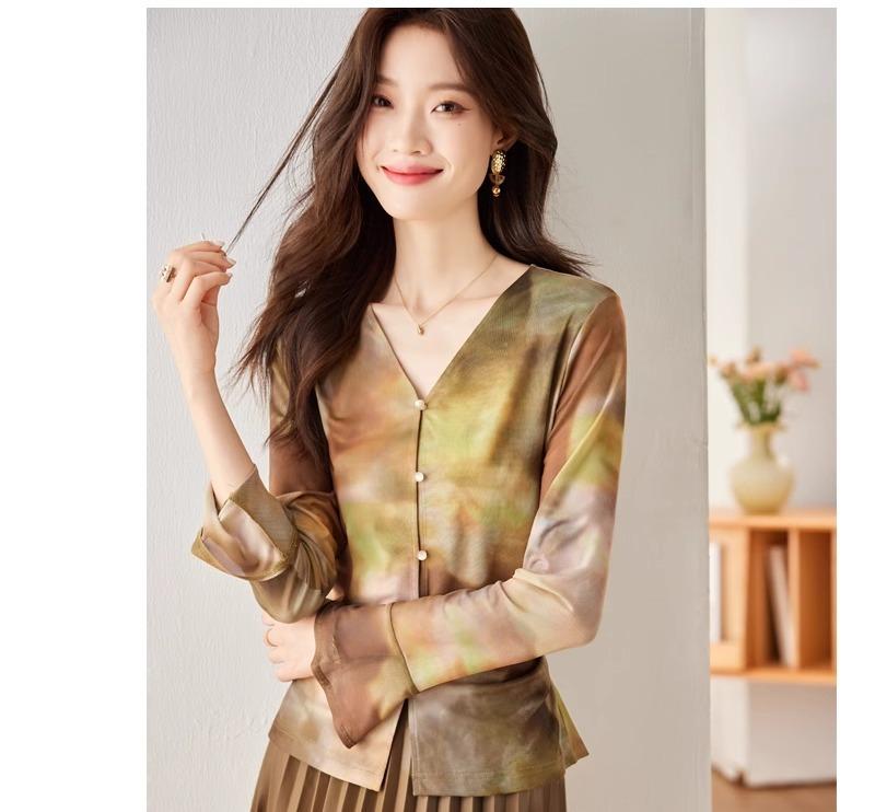 レディース 秋 トップス 女性 カジュアル プリント メッシュ ティーシャツ カットソー 長袖 Vネック シングルブレスト 通勤 オフィス 薄手 軽量 柔らかい スリムフィット