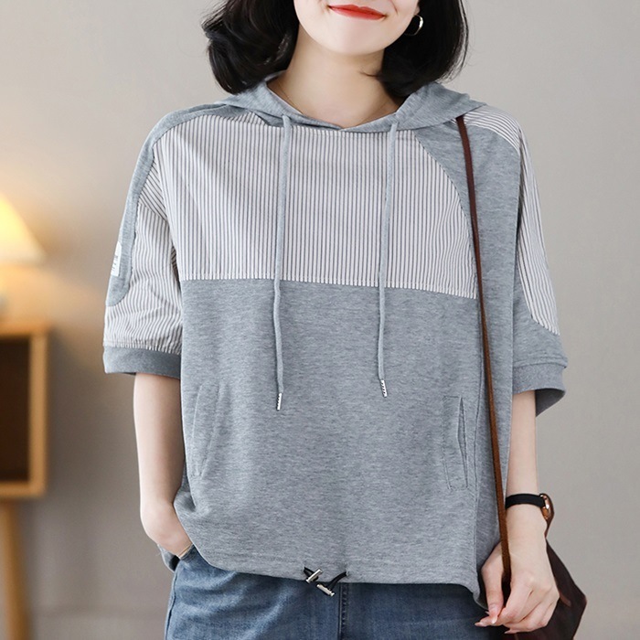 レディース トップス カットソー プルオーバー 半袖 フード ワイド ポケット バイカラー 薄手 大人可愛い シンプル カジュアル おしゃれ こなれ感 ラフ ルーズ 個性的 クール 主役級 存在感