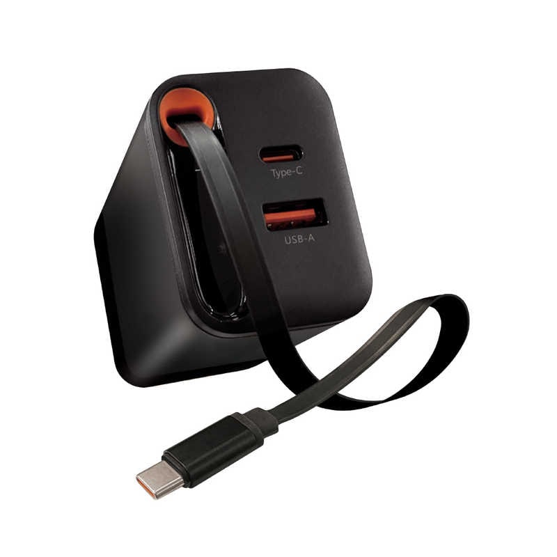 オズマ　［PD65W出力］Type-Cリールケーブル一体型AC充電器 GaN ＋2Port(C＆A) ブラック 　ACUCRC-65PQGBK