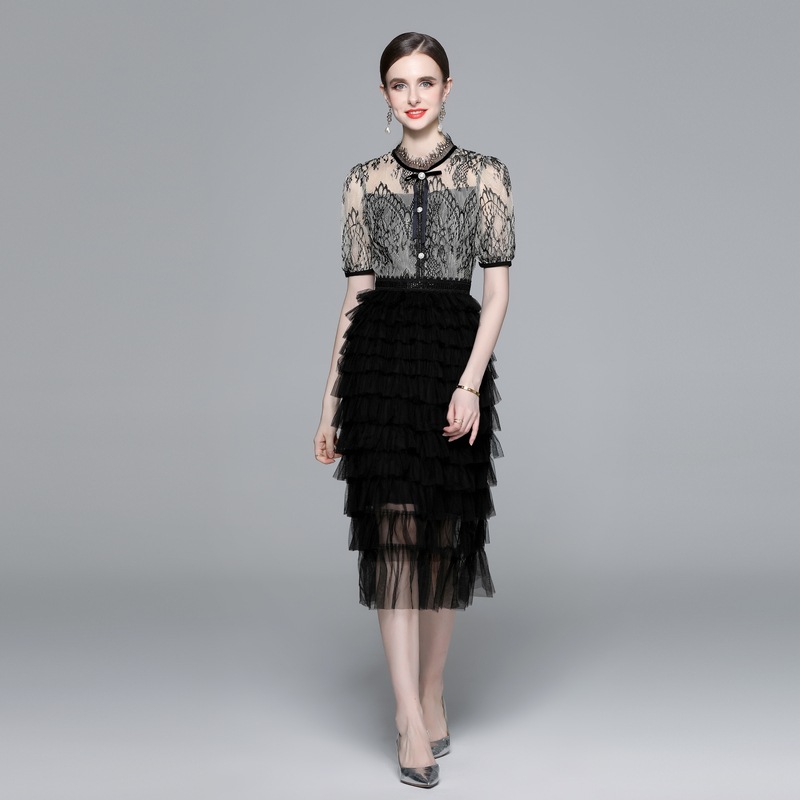 ドレス ワンピース ウェディング 二次会 披露宴 演奏会 発表会 ステージ 舞台 キャバ 衣装 謝恩会 ラウンジ クラブ ミモレ 半袖 ハイネック タイト スリム レース チュール ウエストマーク