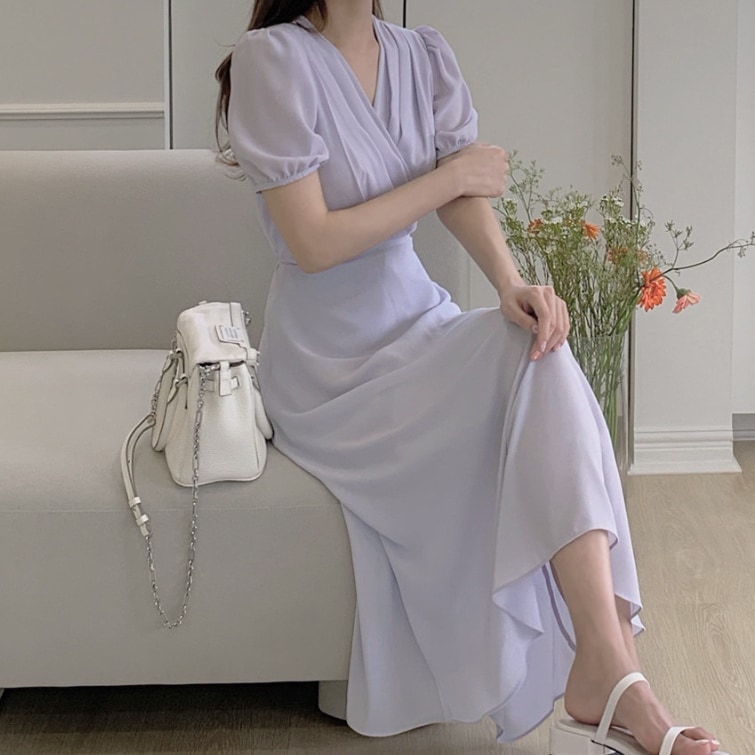 レディース ワンピース シフォンドレス ドレス ロングスカート ロング 半袖 パフスリーブ Vネック 襟なし フェミニン ウエストリボン バックリボン ハイウエスト 薄手 かわいい 大人可愛い