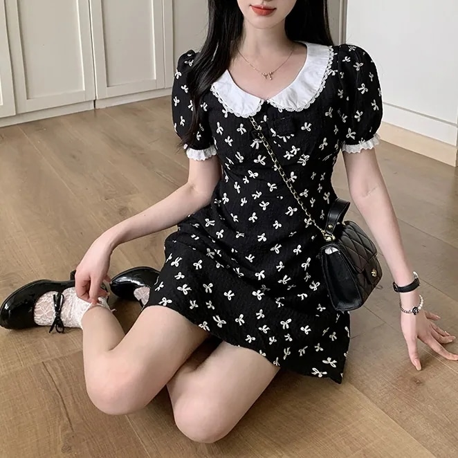 リボン レトロ ワンピース レディース ショート 半袖 パフスリーブ Uネック Aライン フリル ハイウエスト かわいい きれいめ 上品 アジアン ガーリー 個性的 主役級 ラブリー キュート カレッ