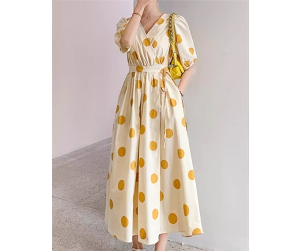 レディース ワンピース ロング 半袖 Vネック カシュクール フレア フェミニン ウエストマーク ウエストリボン かわいい カジュアル 上品 おしゃれ レトロ ガーリー 個性的 主役級 存在感
