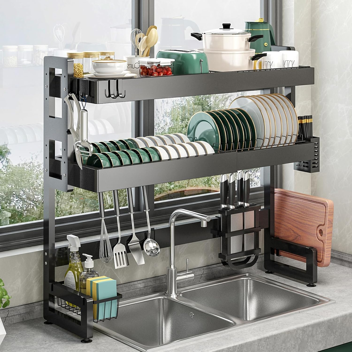 キッチン シンク上2段伸縮式水切りラック 横置き ブラック 6292cm 錆びない 大容量 多機能収納 包丁スタンド まな板立て 組み立て簡単 水が流れる 食器乾燥