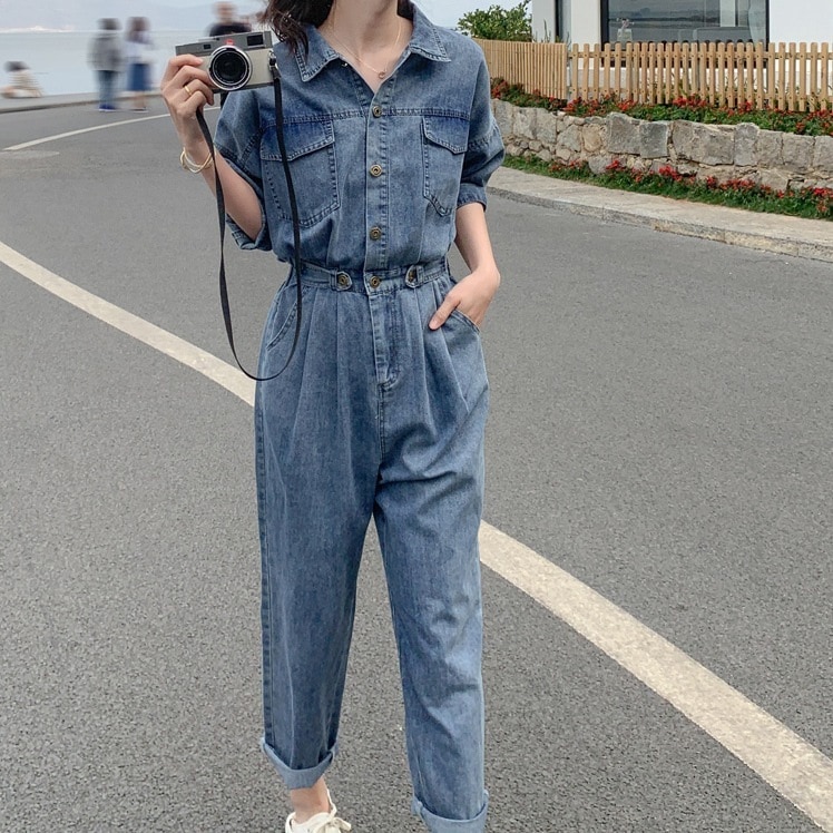 オールインワン レディース デニム ジャンプスーツ きれいめ 個性的 春服 夏服 アンクル丈 襟付き ウエストマーク SNS 映え 写真 映え モテ 流行 トレンド 高見え 格上げ 無地 ブルー 青