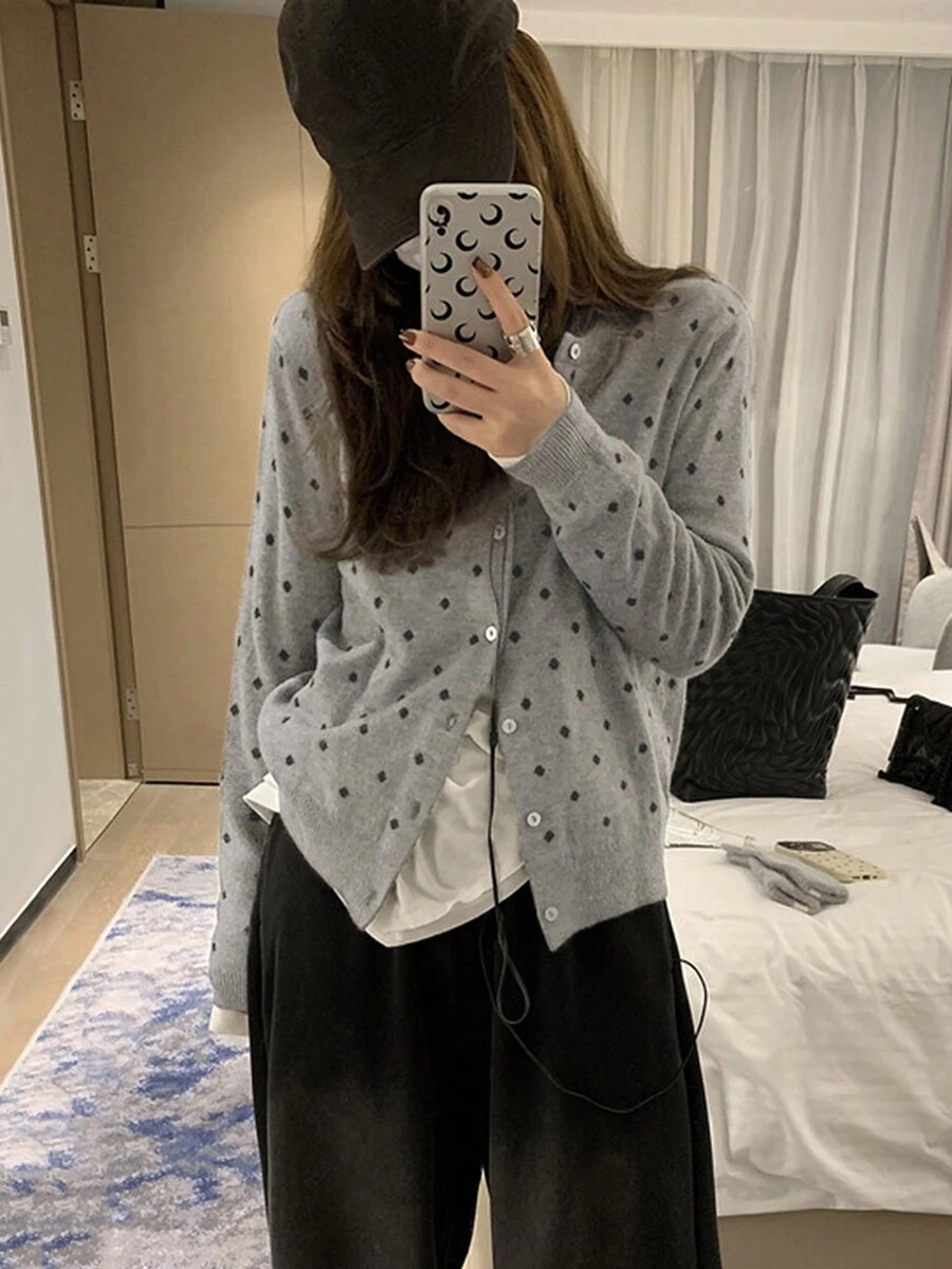 水玉模様ベスト女性用カジュアル春ロングスリーブ ニットカーディガン