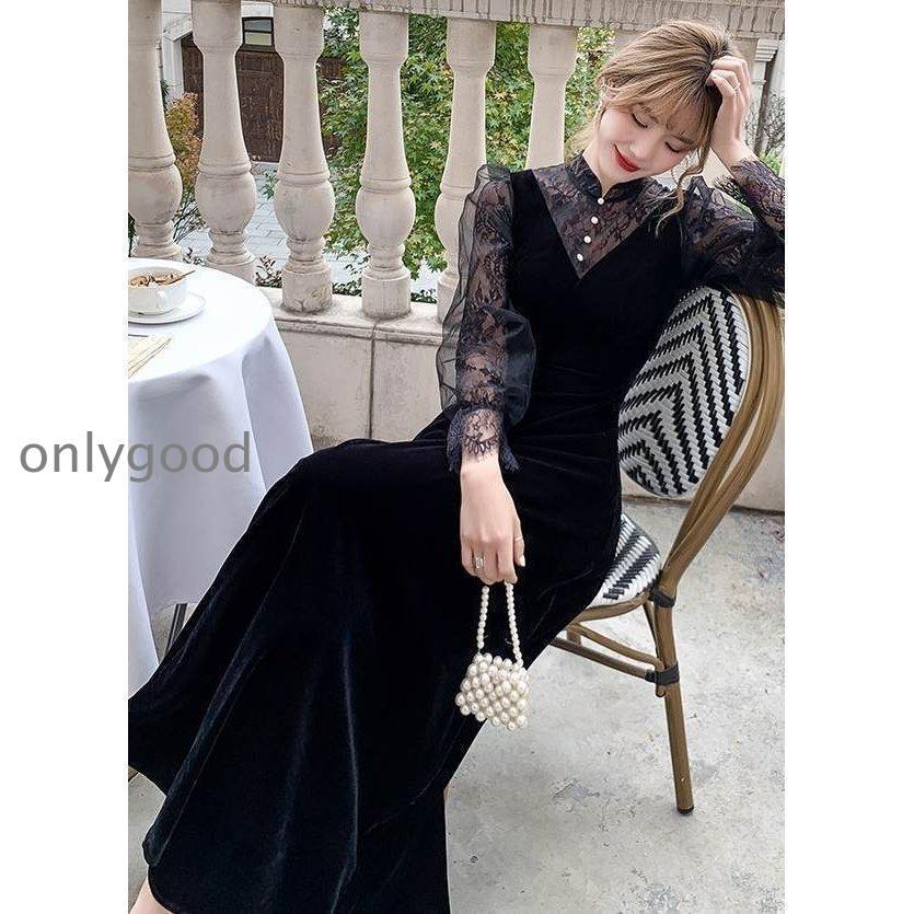 おしゃれロング ドレス パーティードレス 個性的 黒 袖あり 長袖 レース おしゃれ 結婚式 二次会 お呼ばれ 演奏会 発表会 大人 かっこいい