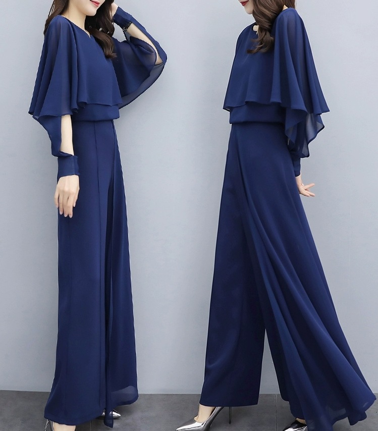 セットアップ ツーピース シフォン パンツスーツ プルオーバー ワイドレッグパンツ フレアトップス ゆったり ドレープ ラウンドネック 伸縮ウェスト 魅力的 好印象 スタイリッシュ 透け感