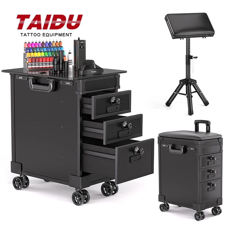 Taidu-3つの引き出し付きタトゥーケース,合成pu,旅行用ABSケース,大きな収納スペース,タトゥー機器